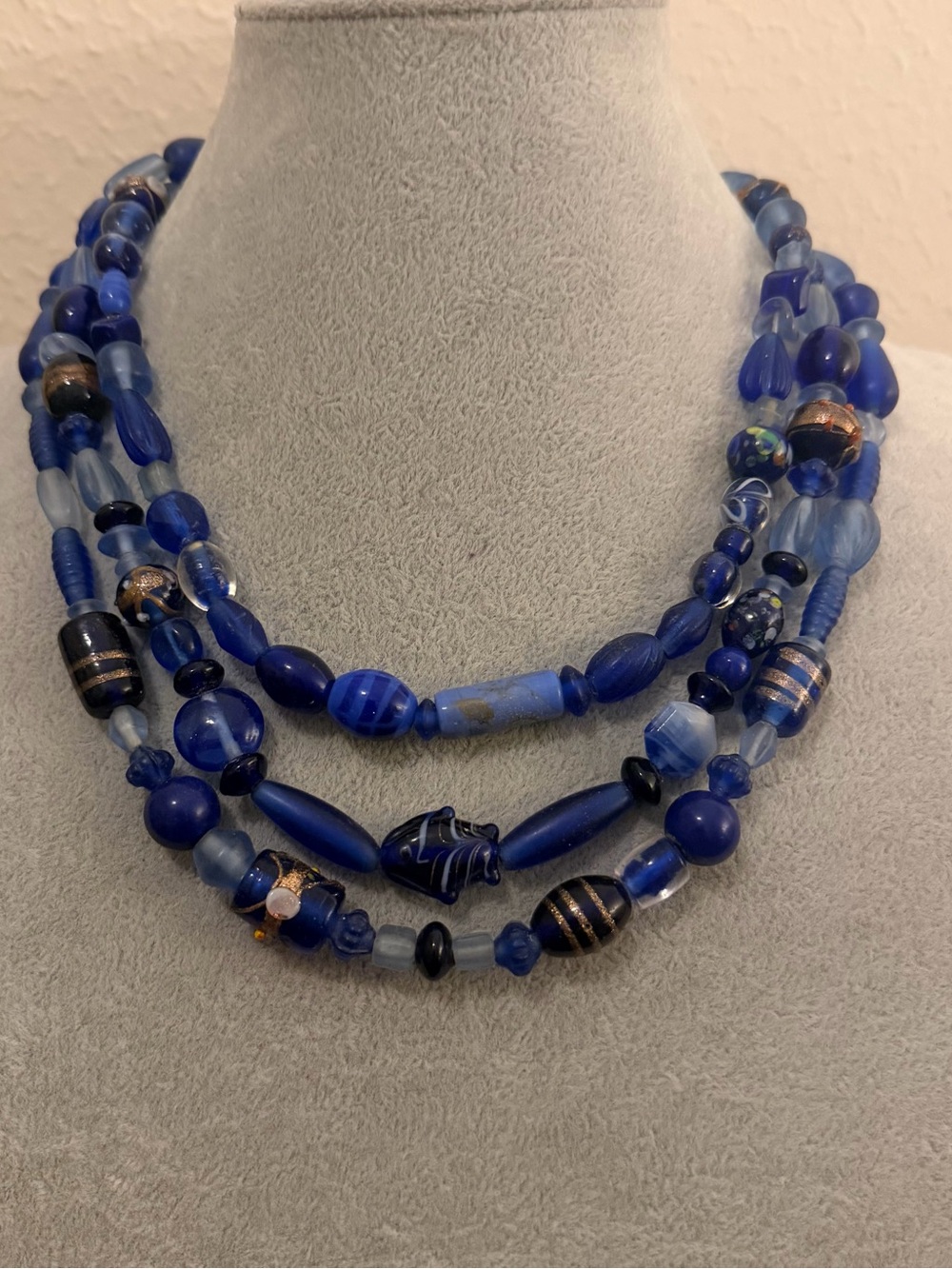 Vintage 3 Strand Blue Cobalt Art Glass Beaded Necklace Venetian Boho Statement
